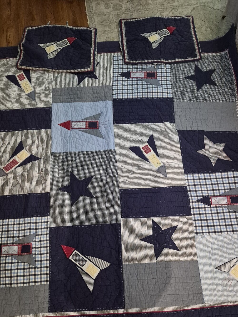 Pottery Barn Kids Rocket Ship Quilt Full Standard Sham Set Navy Blue Red 2009